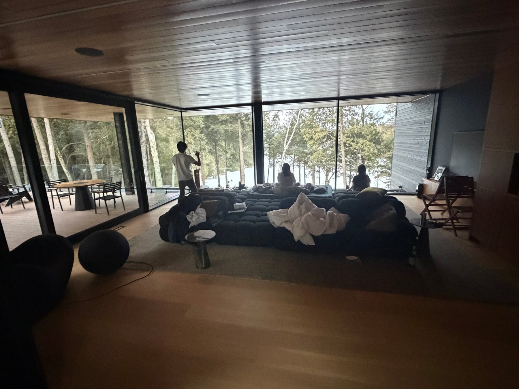 Three guests looking out floor-to-ceiling windows at the forest